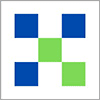 A pattern of blue and green squares forming an abstract design on a white background with a thin grey border.
