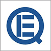 Blue stylised Q with three horizontal lines forming an E inside, on a white background with a grey border.