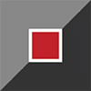 A red square with a white border is centred on a background split into dark and light grey triangular sections.