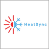 Logo with a red sun on the left, blue snowflakes on the right, and the word HeatSync in blue text.