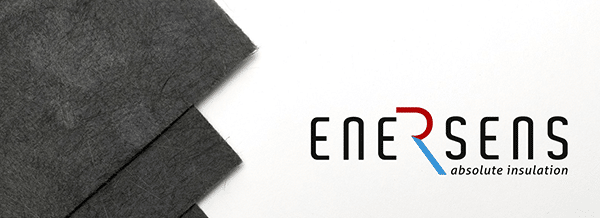 Three dark grey insulation sheets on the left; ENERSENS absolute insulation logo on the right with a stylised red and blue R.
