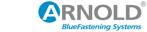 Logo for ARNOLD Blue Fastening Systems, featuring A in a blue circle, with rest of letters in grey and blue on a light background.