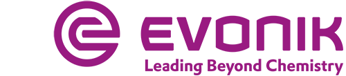 Evonik logo in purple with the slogan Leading Beyond Chemistry, highlighting their impact in battery tech, on a light grey background.
