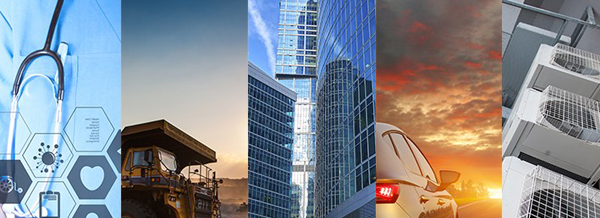 A collage featuring a stethoscope, dumper truck, glass buildings, xEV battery systems, and a car at sunset.