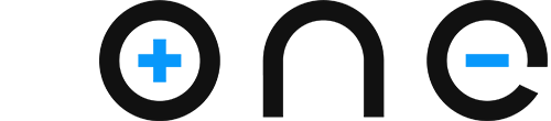 The word one, with a plus sign in the o and a blue minus sign in the e, hints at battery tech innovation.